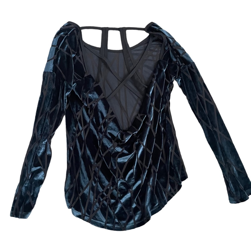 Zobha Navy Blue Open Back Draped Geometric Whimsygoth Sheer Long Sleeve Shirt - Picture 2 of 11